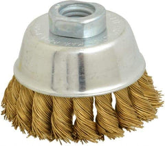 Value Collection - 2-3/4" Diam, 5/8-11 Threaded Arbor, Brass Fill Cup Brush - 0.02 Wire Diam, 3/4" Trim Length, 12,500 Max RPM - Exact Tool & Supply