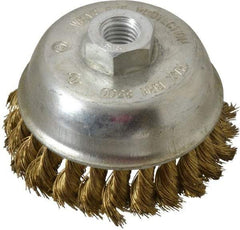 Value Collection - 4" Diam, 5/8-11 Threaded Arbor, Brass Fill Cup Brush - 0.014 Wire Diam, 7/8" Trim Length, 8,500 Max RPM - Exact Tool & Supply