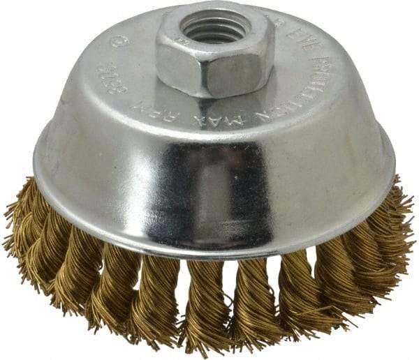 Value Collection - 4" Diam, 5/8-11 Threaded Arbor, Brass Fill Cup Brush - 0.02 Wire Diam, 7/8" Trim Length, 8,500 Max RPM - Exact Tool & Supply