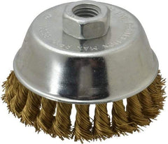 Value Collection - 4" Diam, 5/8-11 Threaded Arbor, Brass Fill Cup Brush - 0.02 Wire Diam, 7/8" Trim Length, 8,500 Max RPM - Exact Tool & Supply