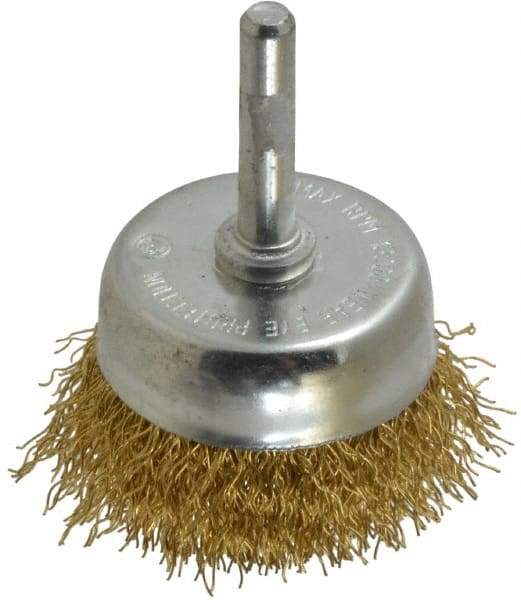 Value Collection - 2" Diam, 1/4" Shank Diam, Brass Fill Cup Brush - 0.012 Wire Diam, 5/8" Trim Length, 13,000 Max RPM - Exact Tool & Supply