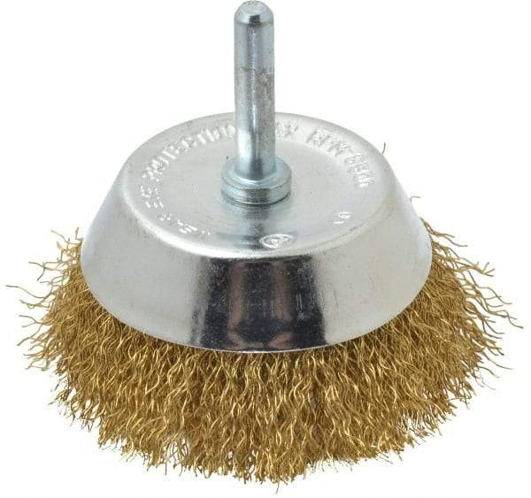 Value Collection - 2-3/4" Diam, 1/4" Shank Diam, Brass Fill Cup Brush - 0.012 Wire Diam, 7/8" Trim Length, 8,500 Max RPM - Exact Tool & Supply