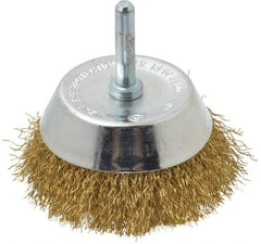 Value Collection - 2-3/4" Diam, 1/4" Shank Diam, Brass Fill Cup Brush - 0.012 Wire Diam, 7/8" Trim Length, 8,500 Max RPM - Exact Tool & Supply