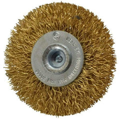 Value Collection - 2" OD, 1/4" Shank Diam, Crimped Brass Wheel Brush - 5/16" Face Width, 1/2" Trim Length, 0.012" Filament Diam, 20,000 RPM - Exact Tool & Supply