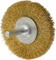 Value Collection - 2-1/2" OD, 1/4" Shank Diam, Crimped Brass Wheel Brush - 3/8" Face Width, 1/2" Trim Length, 0.008" Filament Diam, 20,000 RPM - Exact Tool & Supply