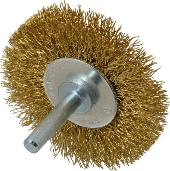 Value Collection - 2-1/2" OD, 1/4" Shank Diam, Crimped Brass Wheel Brush - 3/8" Face Width, 1/2" Trim Length, 0.012" Filament Diam, 20,000 RPM - Exact Tool & Supply