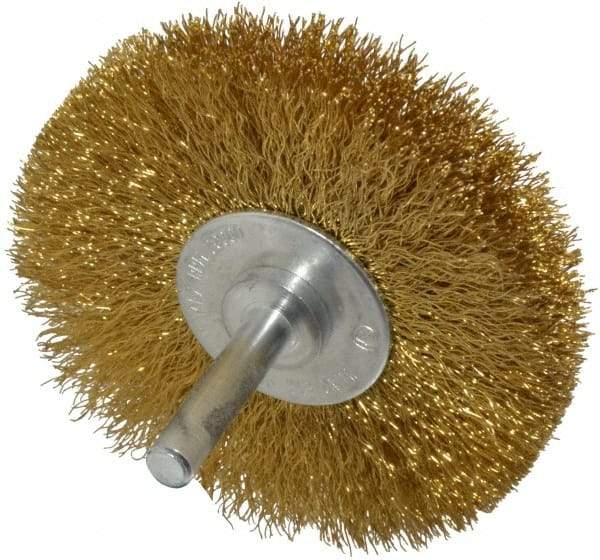 Value Collection - 3" OD, 1/4" Shank Diam, Crimped Brass Wheel Brush - 3/8" Face Width, 7/8" Trim Length, 0.008" Filament Diam, 20,000 RPM - Exact Tool & Supply