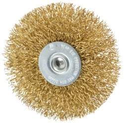 Value Collection - 3" OD, 1/4" Shank Diam, Crimped Brass Wheel Brush - 3/8" Face Width, 7/8" Trim Length, 0.014" Filament Diam, 20,000 RPM - Exact Tool & Supply