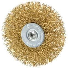 Value Collection - 3" OD, 1/4" Shank Diam, Crimped Brass Wheel Brush - 3/8" Face Width, 7/8" Trim Length, 0.014" Filament Diam, 20,000 RPM - Exact Tool & Supply