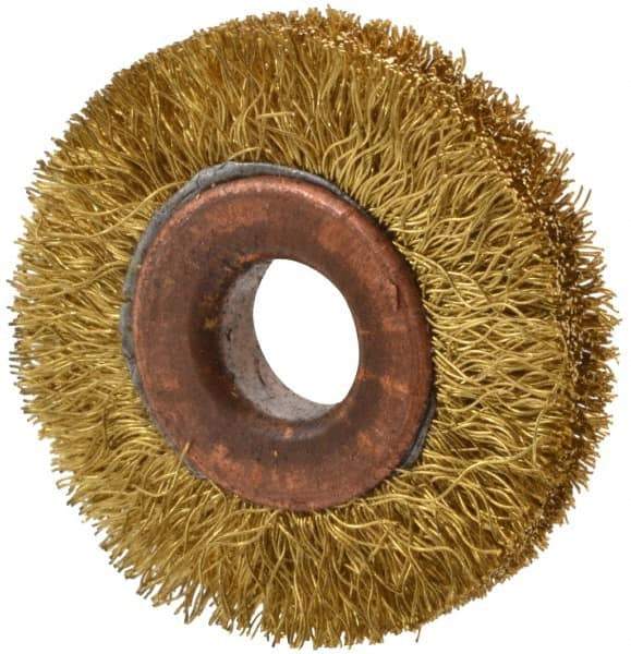 Value Collection - 1-1/2" OD, 3/8" Arbor Hole, Crimped Brass Wheel Brush - 5/16" Face Width, 3/8" Trim Length, 0.008" Filament Diam, 20,000 RPM - Exact Tool & Supply