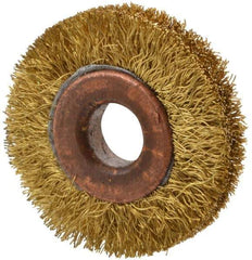 Value Collection - 1-1/2" OD, 3/8" Arbor Hole, Crimped Brass Wheel Brush - 5/16" Face Width, 3/8" Trim Length, 0.008" Filament Diam, 20,000 RPM - Exact Tool & Supply