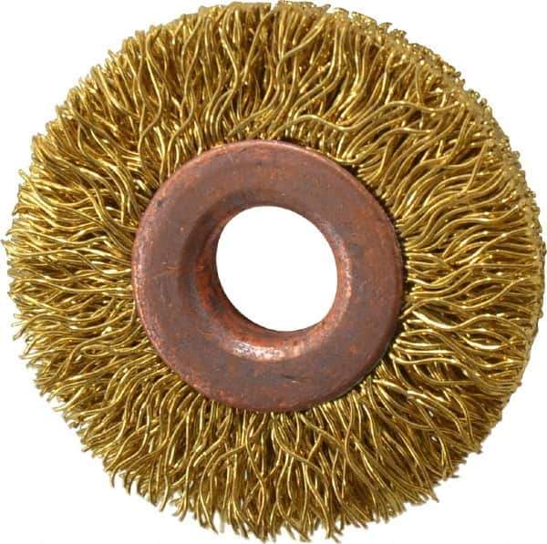 Value Collection - 1-1/2" OD, 3/8" Arbor Hole, Crimped Brass Wheel Brush - 5/16" Face Width, 3/8" Trim Length, 0.014" Filament Diam, 20,000 RPM - Exact Tool & Supply