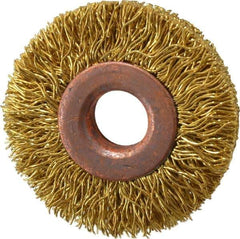Value Collection - 1-1/2" OD, 3/8" Arbor Hole, Crimped Brass Wheel Brush - 5/16" Face Width, 3/8" Trim Length, 0.014" Filament Diam, 20,000 RPM - Exact Tool & Supply