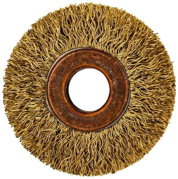 Value Collection - 2" OD, 1/2" Arbor Hole, Crimped Brass Wheel Brush - 5/16" Face Width, 3/8" Trim Length, 0.014" Filament Diam, 20,000 RPM - Exact Tool & Supply