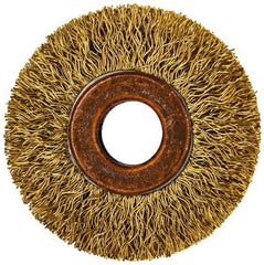 Value Collection - 2" OD, 1/2" Arbor Hole, Crimped Brass Wheel Brush - 5/16" Face Width, 3/8" Trim Length, 0.014" Filament Diam, 20,000 RPM - Exact Tool & Supply