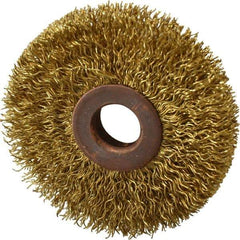 Value Collection - 2-1/2" OD, 1/2" Arbor Hole, Crimped Brass Wheel Brush - 3/8" Face Width, 3/4" Trim Length, 0.014" Filament Diam, 15,000 RPM - Exact Tool & Supply