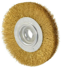 Value Collection - 4" OD, 5/8" Arbor Hole, Crimped Brass Wheel Brush - 1/2" Face Width, 5/8" Trim Length, 0.008" Filament Diam, 6,000 RPM - Exact Tool & Supply