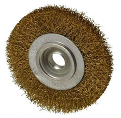 Value Collection - 4" OD, 5/8" Arbor Hole, Crimped Brass Wheel Brush - 1/2" Face Width, 5/8" Trim Length, 0.014" Filament Diam, 6,000 RPM - Exact Tool & Supply