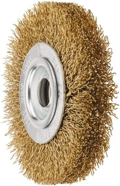 Value Collection - 4" OD, 5/8" Arbor Hole, Crimped Brass Wheel Brush - 1/2" Face Width, 5/8" Trim Length, 0.02" Filament Diam, 6,000 RPM - Exact Tool & Supply