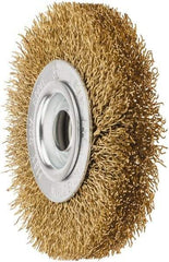Value Collection - 4" OD, 5/8" Arbor Hole, Crimped Brass Wheel Brush - 1/2" Face Width, 5/8" Trim Length, 0.02" Filament Diam, 6,000 RPM - Exact Tool & Supply
