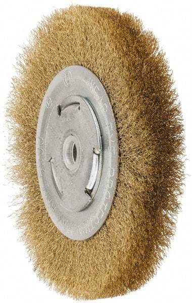 Value Collection - 6" OD, 5/8" Arbor Hole, Crimped Brass Wheel Brush - 1" Face Width, 1-1/8" Trim Length, 0.008" Filament Diam, 6,000 RPM - Exact Tool & Supply