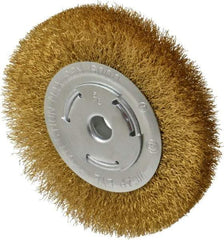 Value Collection - 6" OD, 5/8" Arbor Hole, Crimped Brass Wheel Brush - 1" Face Width, 1-1/8" Trim Length, 0.012" Filament Diam, 6,000 RPM - Exact Tool & Supply