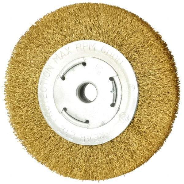 Value Collection - 6" OD, 5/8" Arbor Hole, Crimped Brass Wheel Brush - 1" Face Width, 1-1/8" Trim Length, 0.014" Filament Diam, 6,000 RPM - Exact Tool & Supply