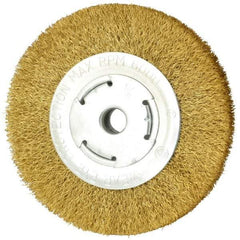 Value Collection - 6" OD, 5/8" Arbor Hole, Crimped Brass Wheel Brush - 1" Face Width, 1-1/8" Trim Length, 0.014" Filament Diam, 6,000 RPM - Exact Tool & Supply
