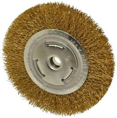 Value Collection - 6" OD, 5/8" Arbor Hole, Crimped Brass Wheel Brush - 1" Face Width, 1-1/8" Trim Length, 0.02" Filament Diam, 6,000 RPM - Exact Tool & Supply