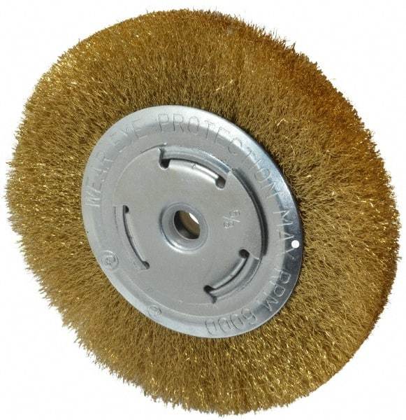 Value Collection - 6" OD, 5/8" Arbor Hole, Crimped Brass Wheel Brush - 1/2" Face Width, 1-1/8" Trim Length, 0.008" Filament Diam, 6,000 RPM - Exact Tool & Supply