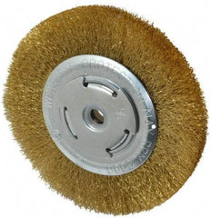 Value Collection - 6" OD, 5/8" Arbor Hole, Crimped Brass Wheel Brush - 1/2" Face Width, 1-1/8" Trim Length, 0.008" Filament Diam, 6,000 RPM - Exact Tool & Supply