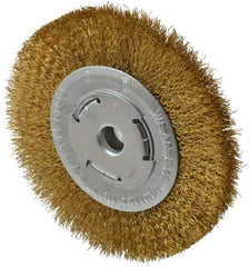 Value Collection - 6" OD, 1/4" Arbor Hole, Crimped Brass Wheel Brush - 1/2" Face Width, 1-1/8" Trim Length, 0.012" Filament Diam, 6,000 RPM - Exact Tool & Supply