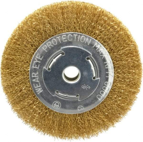Value Collection - 6" OD, 5/8" Arbor Hole, Crimped Brass Wheel Brush - 1/2" Face Width, 1-1/8" Trim Length, 0.014" Filament Diam, 6,000 RPM - Exact Tool & Supply