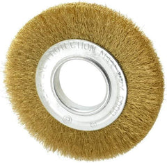 Value Collection - 6" OD, 2" Arbor Hole, Crimped Brass Wheel Brush - 7/8" Face Width, 1-1/8" Trim Length, 0.008" Filament Diam, 6,000 RPM - Exact Tool & Supply