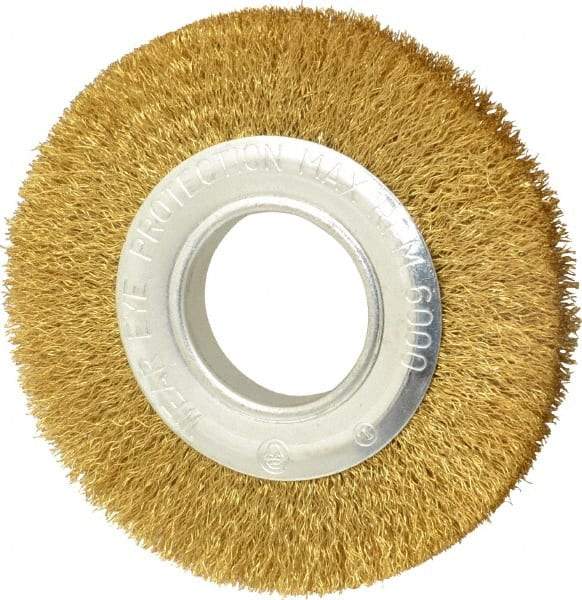 Value Collection - 6" OD, 1/4" Arbor Hole, Crimped Brass Wheel Brush - 7/8" Face Width, 1-1/8" Trim Length, 0.012" Filament Diam, 6,000 RPM - Exact Tool & Supply