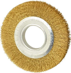 Value Collection - 6" OD, 1/4" Arbor Hole, Crimped Brass Wheel Brush - 7/8" Face Width, 1-1/8" Trim Length, 0.012" Filament Diam, 6,000 RPM - Exact Tool & Supply