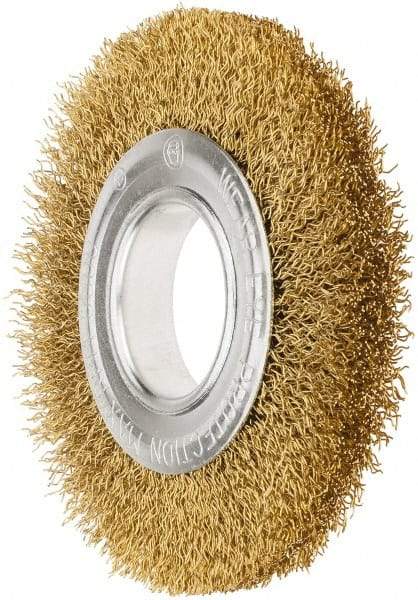 Value Collection - 6" OD, 1/4" Arbor Hole, Crimped Brass Wheel Brush - 7/8" Face Width, 1-1/8" Trim Length, 0.02" Filament Diam, 6,000 RPM - Exact Tool & Supply