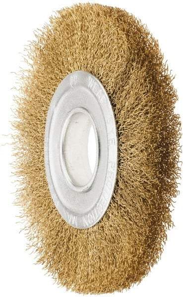 Value Collection - 8" OD, 1/4" Arbor Hole, Crimped Brass Wheel Brush - 1" Face Width, 1-3/4" Trim Length, 0.02" Filament Diam, 4,500 RPM - Exact Tool & Supply