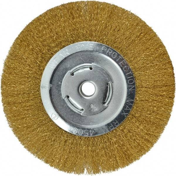Value Collection - 8" OD, 5/8" Arbor Hole, Crimped Brass Wheel Brush - 1/2" Face Width, 1-3/4" Trim Length, 0.008" Filament Diam, 4,500 RPM - Exact Tool & Supply
