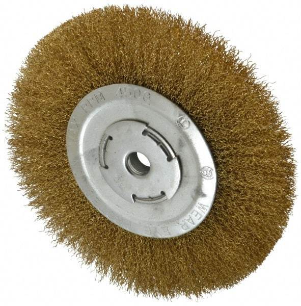 Value Collection - 8" OD, 5/8" Arbor Hole, Crimped Brass Wheel Brush - 1" Face Width, 1-3/4" Trim Length, 0.014" Filament Diam, 4,500 RPM - Exact Tool & Supply
