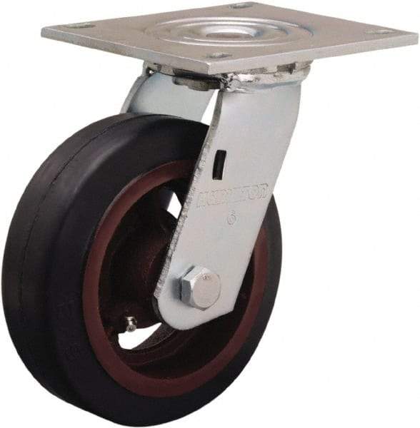 Hamilton - 6" Diam x 2" Wide x 7-1/2" OAH Top Plate Mount Swivel Caster - Rubber Mold on Cast Iron, 410 Lb Capacity, Straight Roller Bearing, 5 x 5-1/2" Plate - Exact Tool & Supply