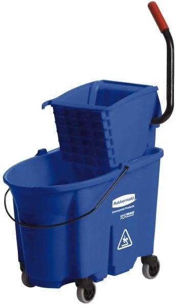 Rubbermaid - 35 Qt Plastic Bucket & Wringer - 20-1/8" Long x 36-1/2" High x 15-3/4" Wide, Blue - Exact Tool & Supply