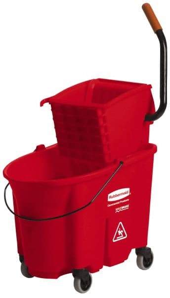 Rubbermaid - 35 Qt Plastic Bucket & Wringer - 20-1/8" Long x 36-1/2" High x 15-3/4" Wide, Red - Exact Tool & Supply