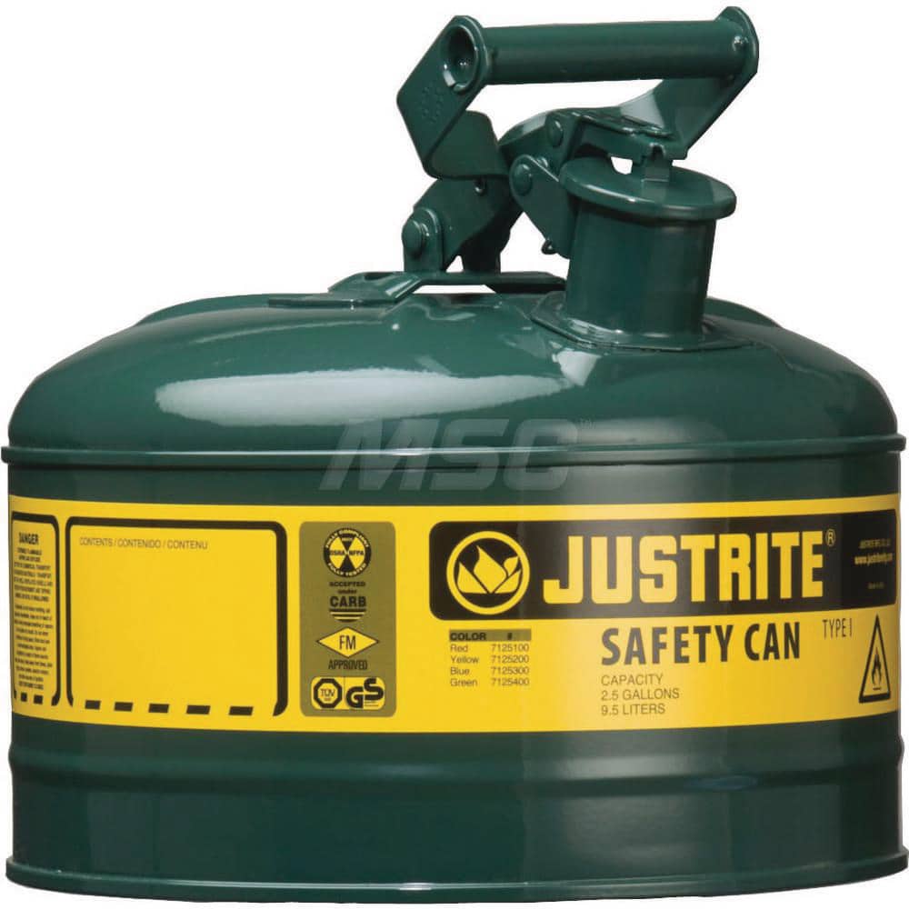 Justrite - Safety Dispensing Cans; Capacity: 1 Gal. ; Material: Steel ; Color: Green ; Height (Decimal Inch): 11.000000 ; Diameter/Length (mm): 9.50 ; Approval Listing/Regulations: FM Approved; UL; ULC; TUV - Exact Tool & Supply