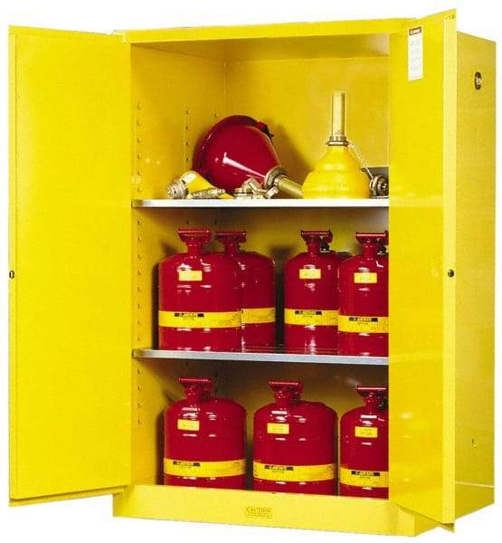 Justrite - 2 Door, 2 Shelf, Yellow Steel Standard Safety Cabinet for Flammable and Combustible Liquids - 65" High x 43" Wide x 34" Deep, Self Closing Door, 90 Gal Capacity - Exact Tool & Supply