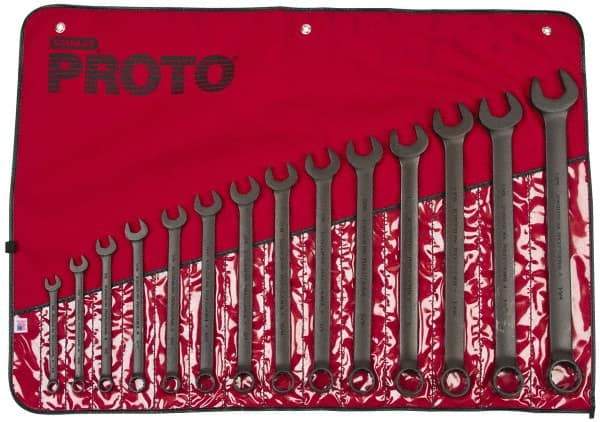 Proto - 14 Piece, 3/8" to 1-1/4", 12 Point Combination Wrench Set - Inch Measurement Standard, Black Oxide Finish, Comes in Nylon Roll - Exact Tool & Supply