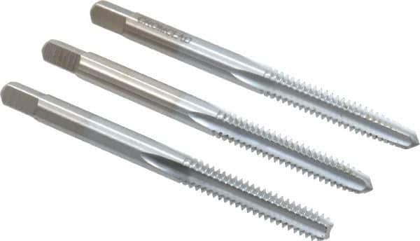 Made in USA - #10-24 UNC, 4 Flute, Bottoming, Plug & Taper, Chrome Finish, High Speed Steel Tap Set - Right Hand Cut, 2-3/8" OAL, 7/8" Thread Length, 2B/3B Class of Fit - Exact Tool & Supply