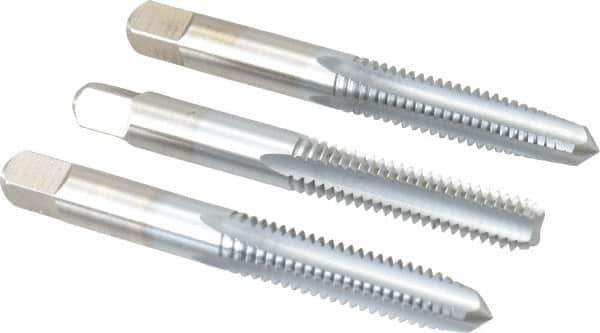 Made in USA - 5/16-18 UNC, 4 Flute, Bottoming, Plug & Taper, Chrome Finish, High Speed Steel Tap Set - Right Hand Cut, 2-23/32" OAL, 1-1/8" Thread Length, 2B/3B Class of Fit - Exact Tool & Supply