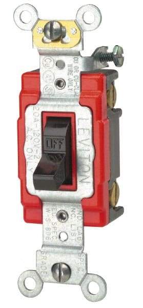 Leviton - 4 Pole, 120 to 277 VAC, 15 Amp, Industrial Grade, Toggle, Wall and Dimmer Light Switch - 1.31 Inch Wide x 4.06 Inch High - Exact Tool & Supply
