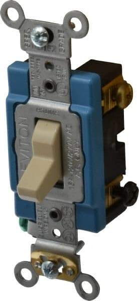 Leviton - 3 Pole, 120 to 277 VAC, 15 Amp, Industrial Grade, Toggle, Wall and Dimmer Light Switch - 1.31 Inch Wide x 4.06 Inch High - Exact Tool & Supply